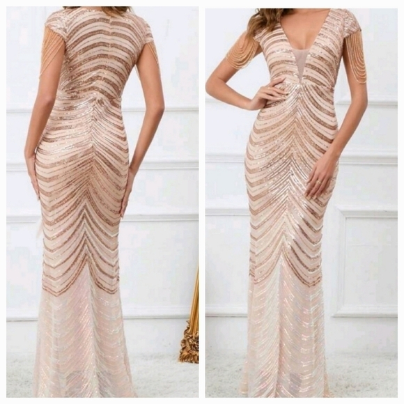 Gold, Chevron Print, Sequined Mermaid Gown,  Custom Handmade - Picture 3 of 16